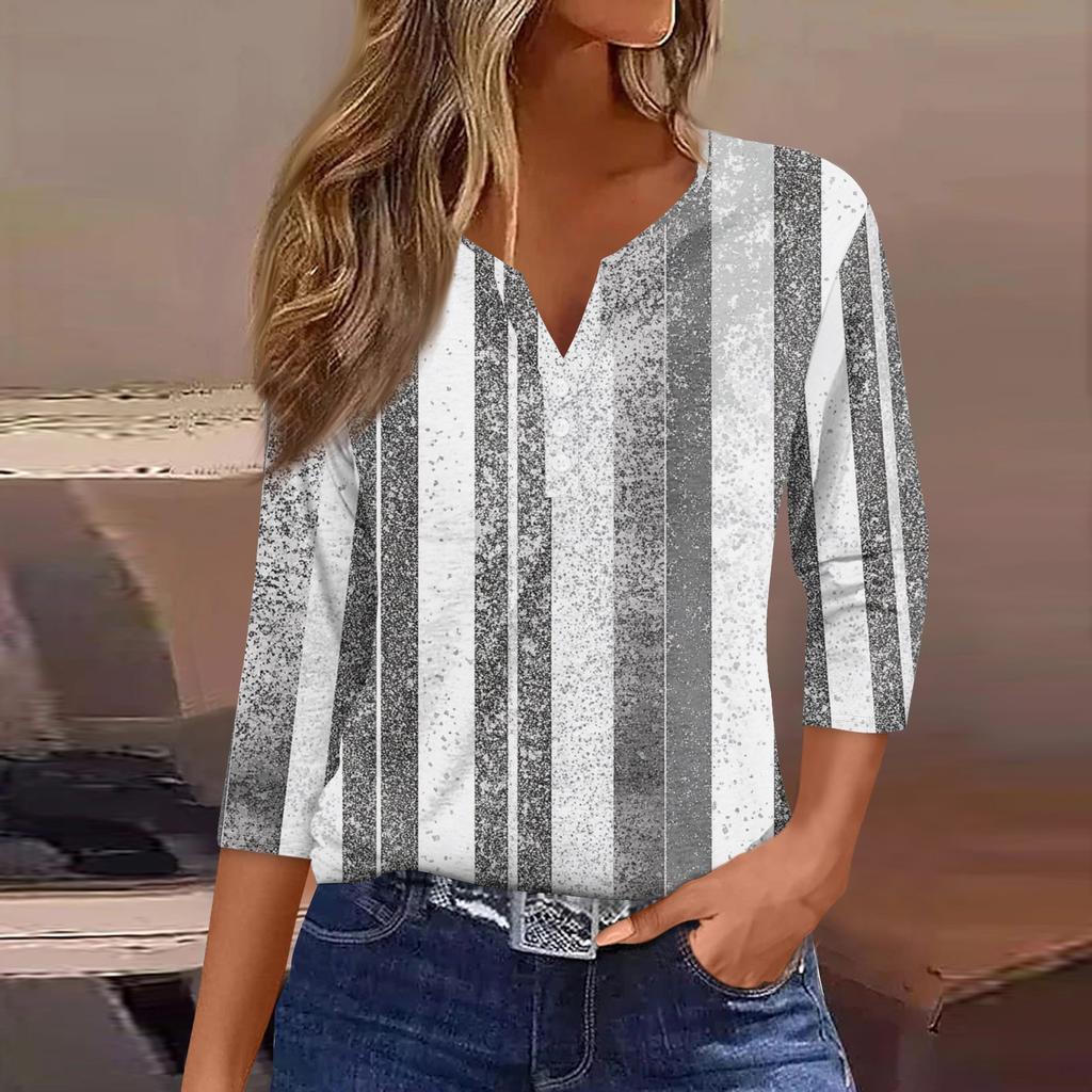 Damen T-Shirt mit Aufdruck, Knopfleiste, 3/4-Ärmel, modisch für den Alltag und das Wochenende, Basic, V-Ausschnitt, normales Oberteil