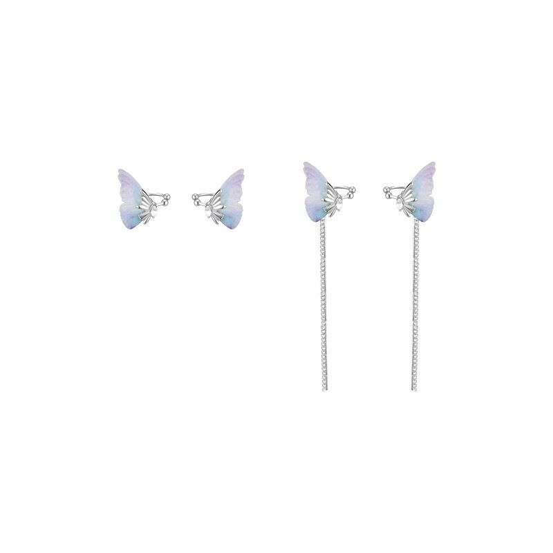 Super fairy diamond-set purple butterfly long fringed ear clips, niche design, no ear piercings, ear bone clips, personalized temperament earrings.