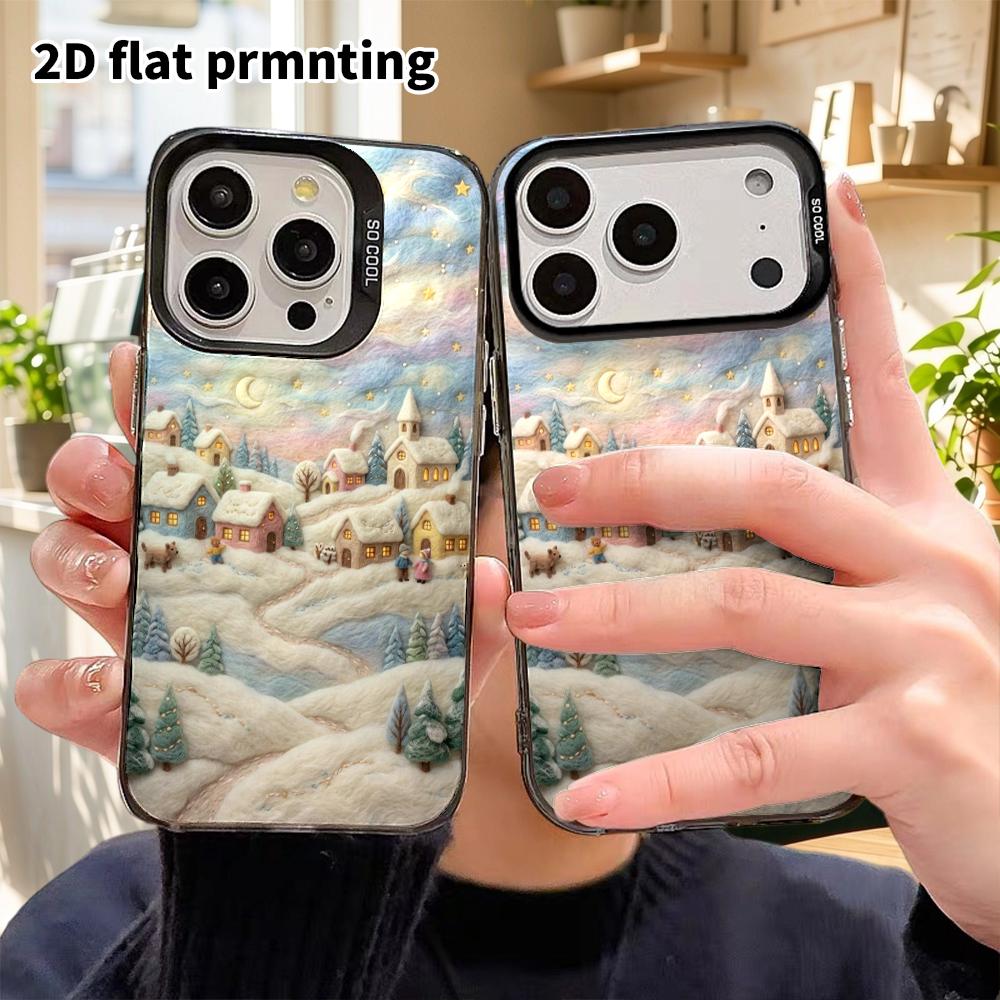 Phone Case: 2D Flat Design Suitable for iPhone 18, 17, 16, 15, 14, 13 Pro, Color Silver Protective Case, Couple Style, Winter Town, Christmas and Hall