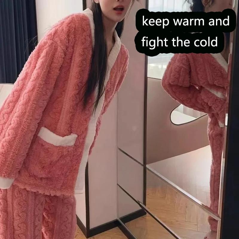 2 szt./Zestaw Damska Zimowa Piżama Wyściełana Pogrubiona Ciepła Modele z Kieszeniami Duży Rozmiar Luźna Koreańska Koralowa Wełna Szkoła Piżama Odzież Domowa