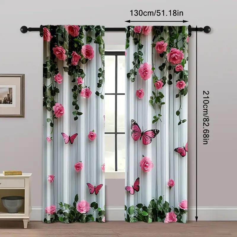 Elegant butterfly and pink rose - printed curtains, suitable for bedroom living room home decoration