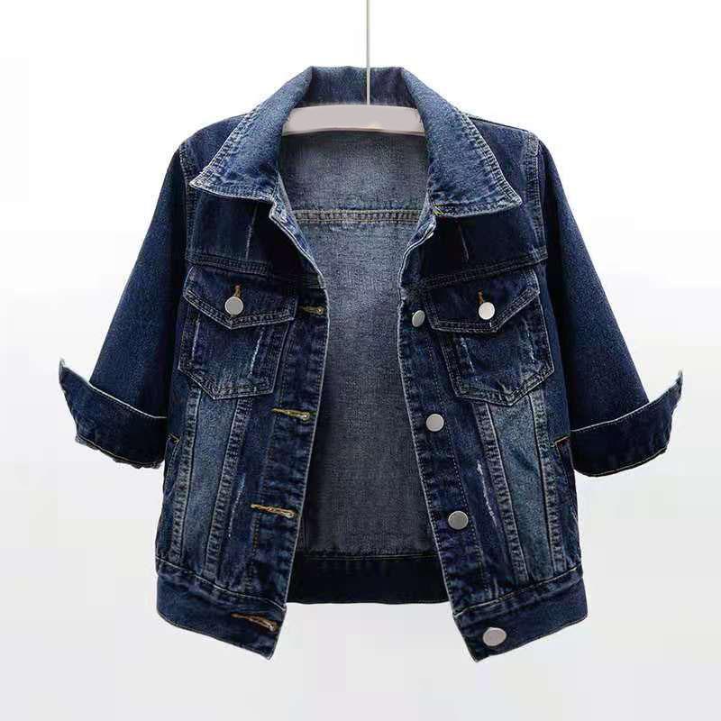 Women's Spring and Autumn Plus Size Short Seven Quarter Sleeve Denim Jacket Slim Fit and Versatile Cardigan Jacket