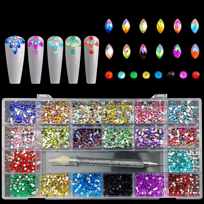 

Роскошные блестящие стразы для дизайна ногтей с кристаллами, набор украшений из стекла AB, 1 шт., ручка в сетке, коробка, 21 форма, около 3100 шт.