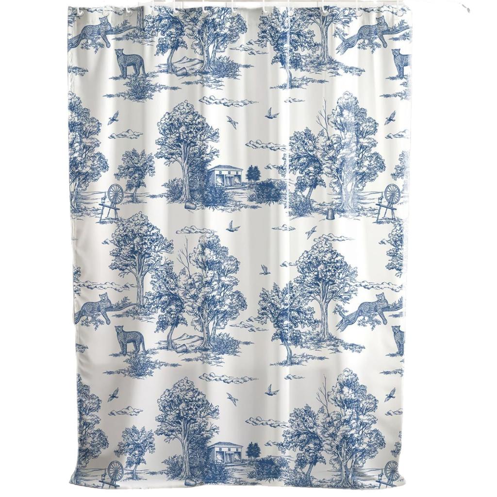 Vintage francouzská sprchová závěs Modrá a bílá látka Koupelnová sprchová závěs Statek Francouzský venkovský koupelnový závěs s háčky