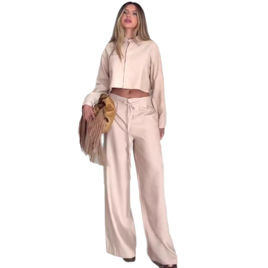 Cross-border European and American Long-sleeve Collared Sexy Backless Short Women's Top, Export Temperament, Lace-up Slim Pants Set
