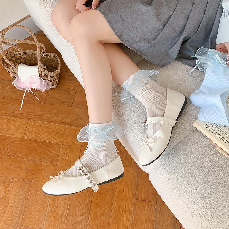 Ladies Summer Thin Lovely Polka Dot Mesh Bow Boneless Tube Pile Socks