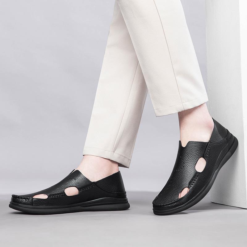 Leather hollow sandals Velcro hole shoes breathable casual men's shoes soft sole dad cool leather shoes men