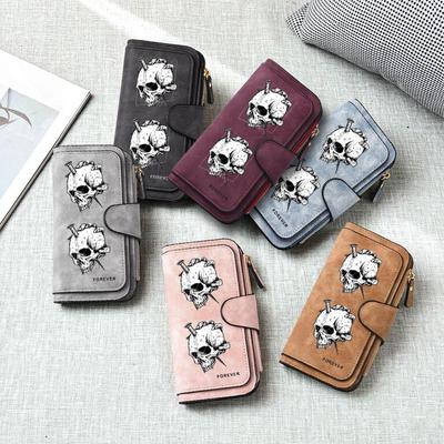 Gothic Skull Print Long Wallet Fashion PU Leather Multi Slot Portable Forever Purse for Daily Use