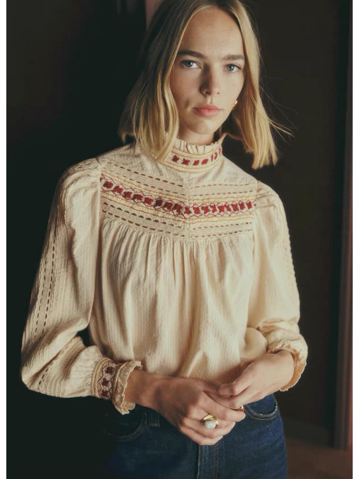 

Женская ретро-рубашка с оборками, абрикосово-красная, вышитая, с длинным рукавом, для весны/лета 2026 36 абрикосовый