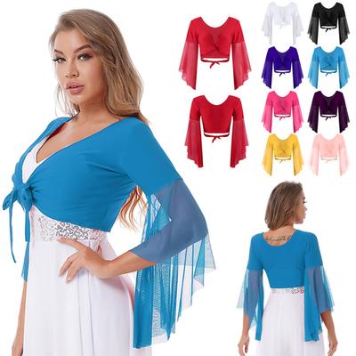 Women Shiny Lace-up Tassel Belly Dance Top Lace 3/4 Flared Sleeves Shawl Crop Tops Dancewear