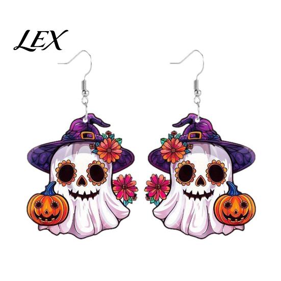 Colorful Double Sided Printed Jewelry 1 Pair Mexico Day of The Dead Earrings for Women, Acrylic Hypoallergenic Sensitive Ears Flower Ghost Dangle Drop