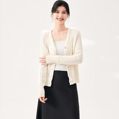 Jinju Women's V-Neck Cable Knit Wool Blend Cardigan