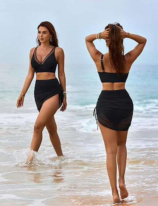 2025 European & American Sexy Mesh Patchwork Drawstring Split Swimsuit