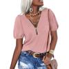 Women's Casual Fashion Zipper V-neck Solid Color Short Sleeve Top