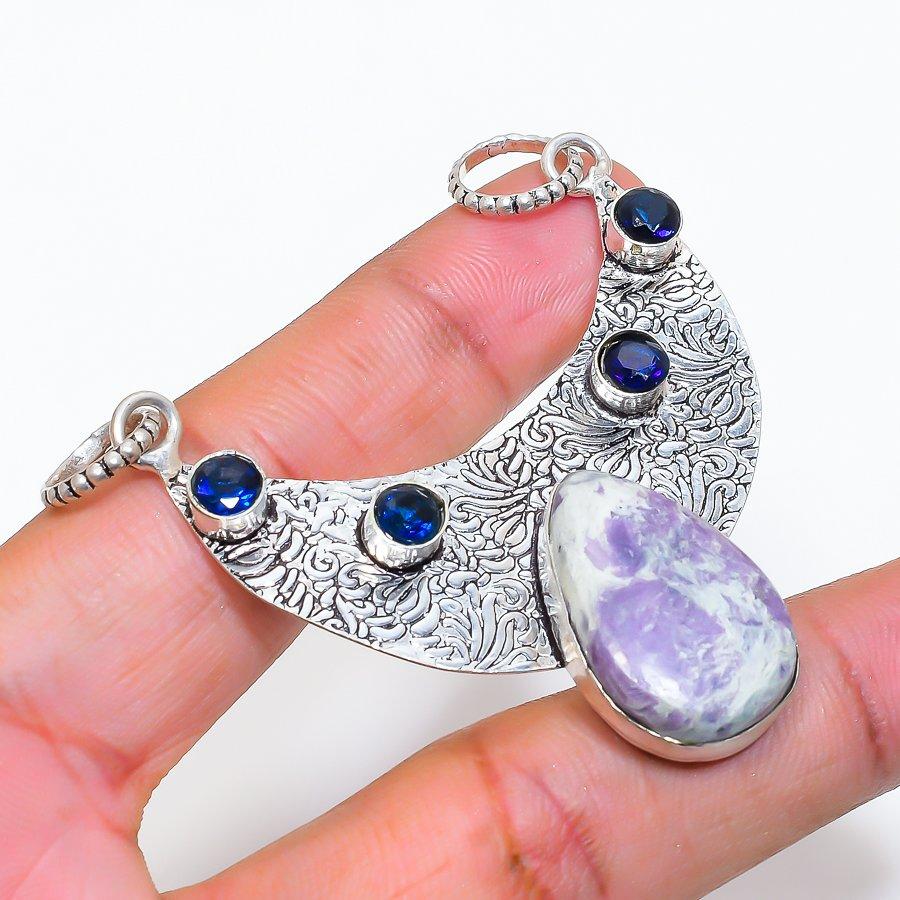 Přírodní Purpurit, Iolit 925 Sterling Silver Šperk Přívěsek 2,36" ZS-200