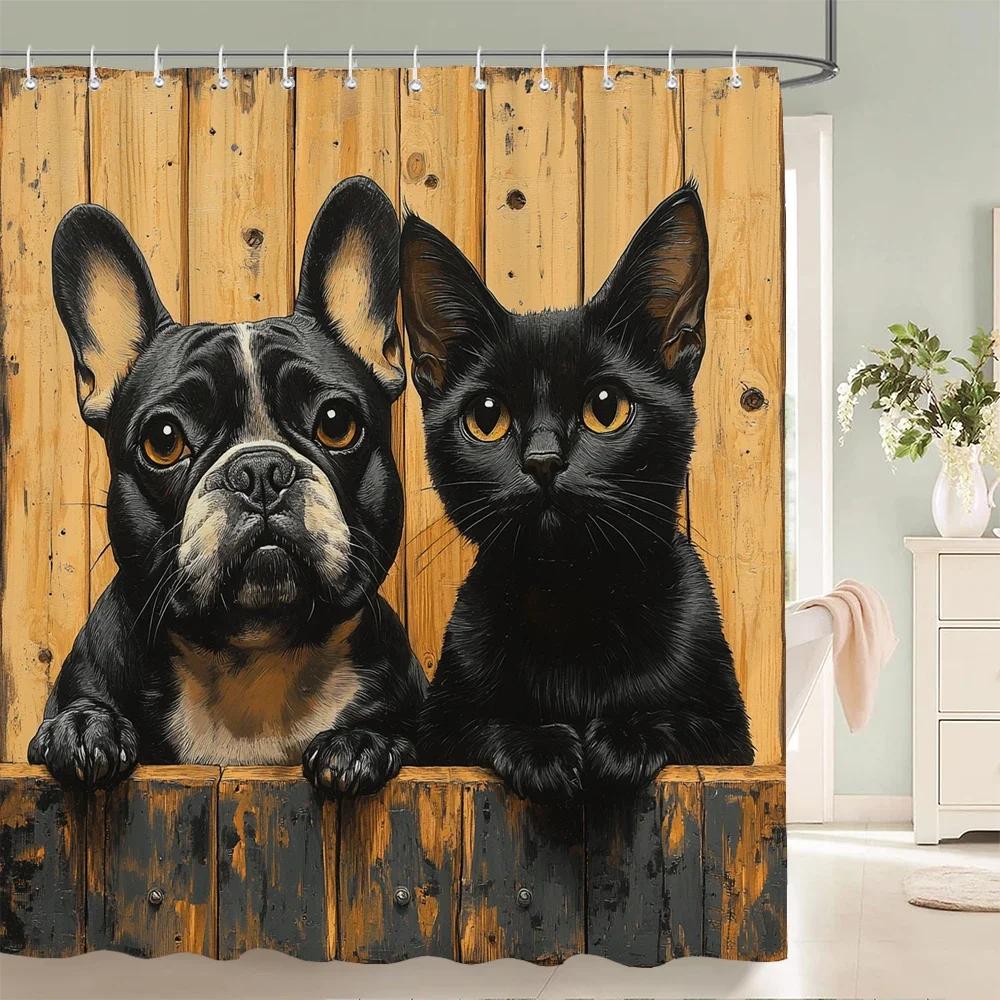 Lovely Cat and Dog Animal Shower Curtain Country Scenery Cats and Dogs Printing Bathroom Curtain With Hooks Home Decor Curtain