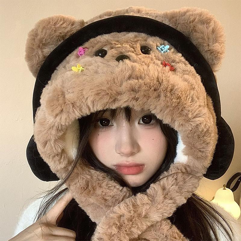 

Earphones Puppy Hat Scarf All-In-One Cold-Proof Warm Hooded Scarf Plush Hat as the picture