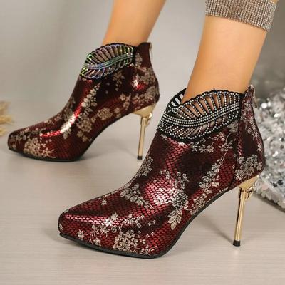Zapatos de Talla Grande para Mujer Botas Modernas para Mujer Botines Sexy para Mujer Estampado Cristal Puntera Puntiaguda Cremallera Trasera Zapatos de Tacón Fino para Mujer