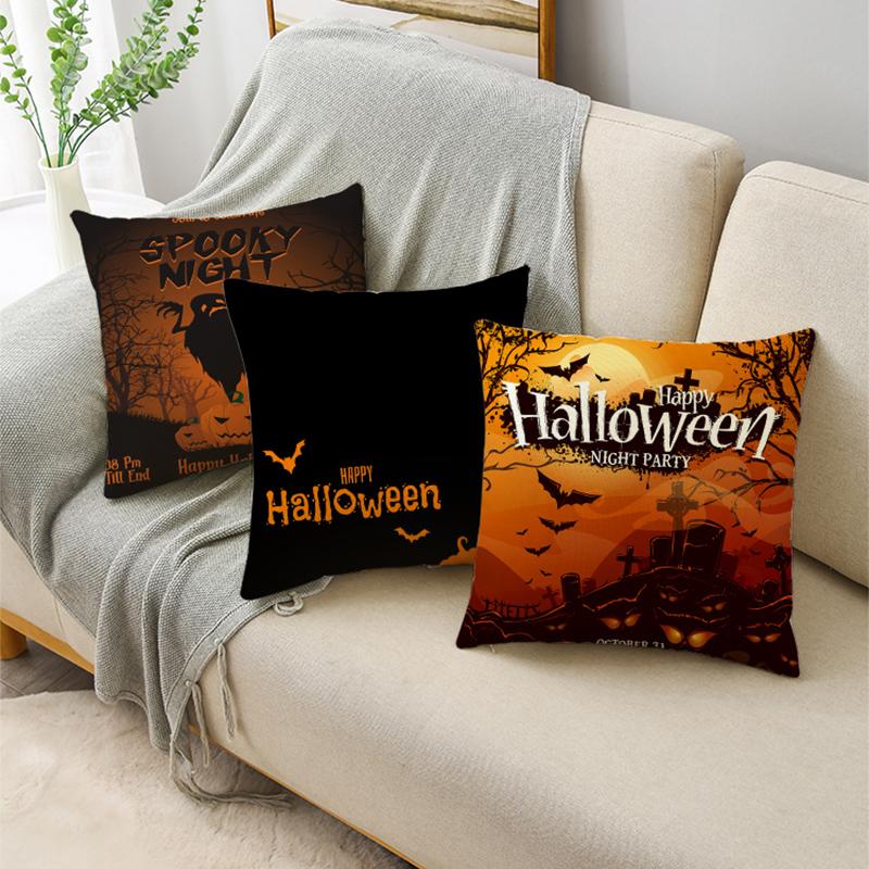 Fashion Classic Orange Halloween Moon Night Bat Ghost Linen Throw Pillowcase Decorative Cushion Cover For Sofa Living Room Party