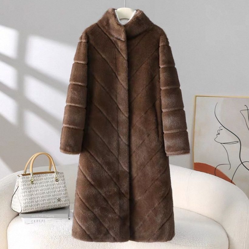 

Women s Stand Collar Fur Coat Solid Color Thickened Fur Overcoat Long Fur Coat L кофейный