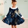 Girls Fur Trim High Neck Long Sleeve Watercolor Printed A Line Flared Dress With Waist Bow