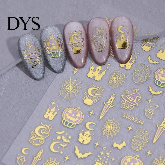 Holiday Nail Stickers Halloween 3D Art Stickers, Metallic Golden Pumpkin Ghost Spider Web DIY Supplies Witch Hat Decals, Self-Adhesive Manicure