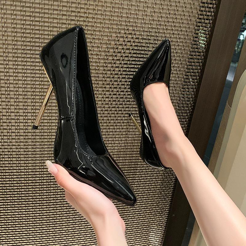 Super High Heel Single Shoes Autumn New Pointed Toe Lacquer Leather Cover Foot Non-slip Wear-resistant Stiletto Shoes