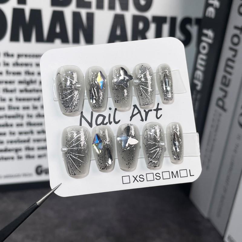 Handmade Press-On Nails Short Style Butterfly Design With Metallic Glitter Art Women