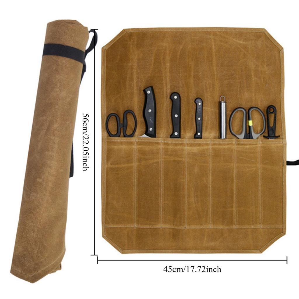 Waxed Canvas Chef's Knife Roll Bag with 7 Slots, Knife Roll Bag, Portable Knives Pouch Knife Storage Case Knife Carrier for Chefs Cooking Lovers Khaki