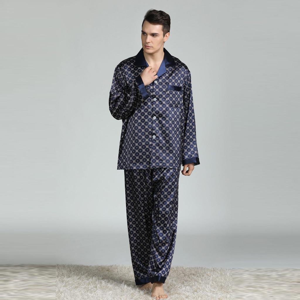 Neuer langärmeliger bedruckter Seidenpyjama-Anzug für Herren im Außenhandel
