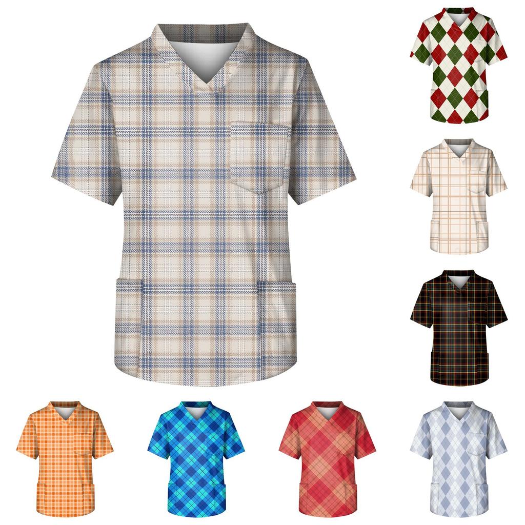 Men's Printing Short Sleeve V-neck Working Blouse Chest Pocket Carer Top