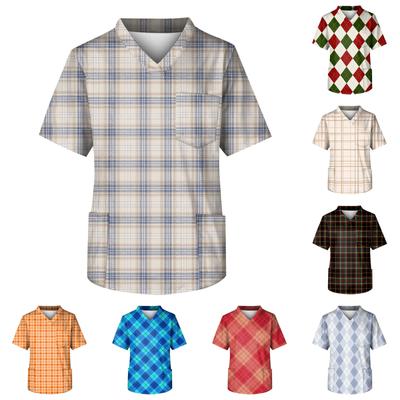 Blusa de trabajo con cuello en V y manga corta estampada para hombre, con bolsillo en el pecho