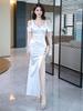 Elegant Off-the-Shoulder Evening Gown with High Slit - Nightclub Attire for Foot Bath Technicians