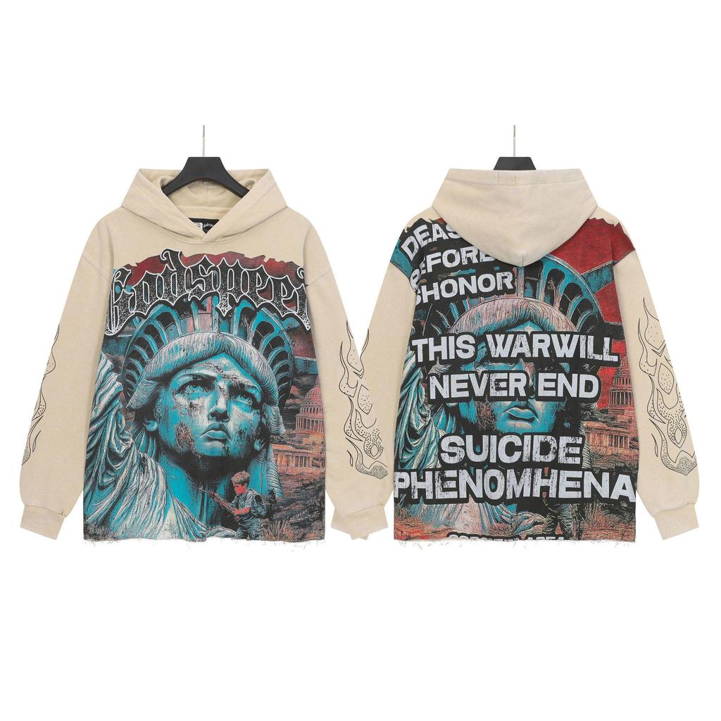 God Bless America Retro Rock Street Print Washed Hoodie - Casual Loose Fit