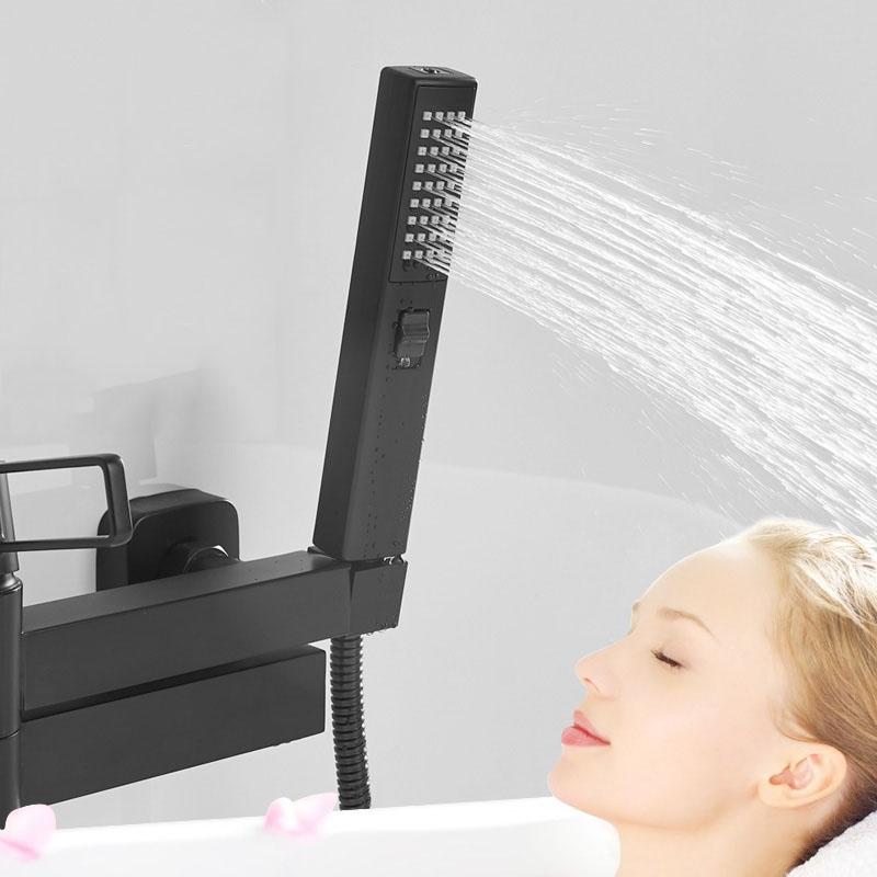 Schwarz/Chrom Messing Badewannen-Duscharmatur Set Handbrause Wandmontage Duscharmatur Hohlgriff Warm- und Kaltwasser-Mischbatterie Wasserfall