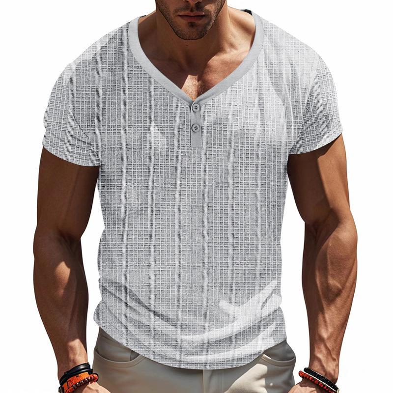 Pánské Mřížkový výstřih do V Volné Jednobarevné Prodyšné Ležérní Tvrdý muž Henry Tričko s krátkým rukávem