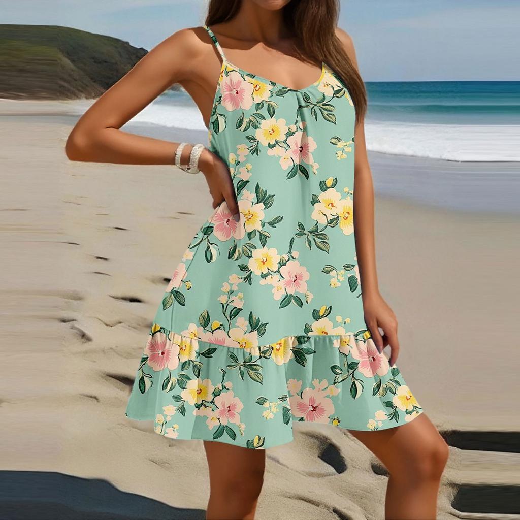 Dame Mote Casual Ermeløs Rund Hals Løs Blomsterprint Strandkjole