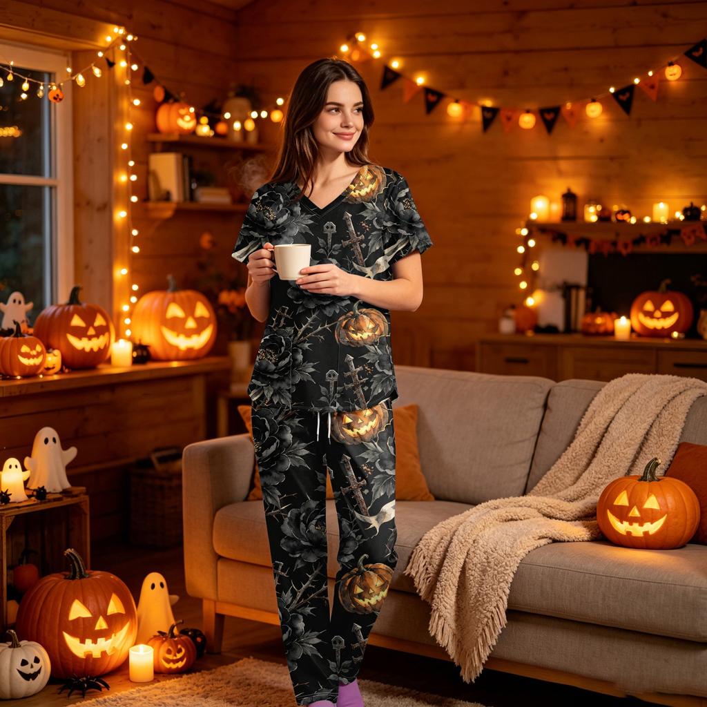 Women's V-Neck Short Sleeve Scrub Set with Pockets, Halloween Print 2-Piece Uniform for Work
