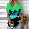 Women Blue Ocean Coconut Palm Beach Print Short Sleeve V Neck Blouse