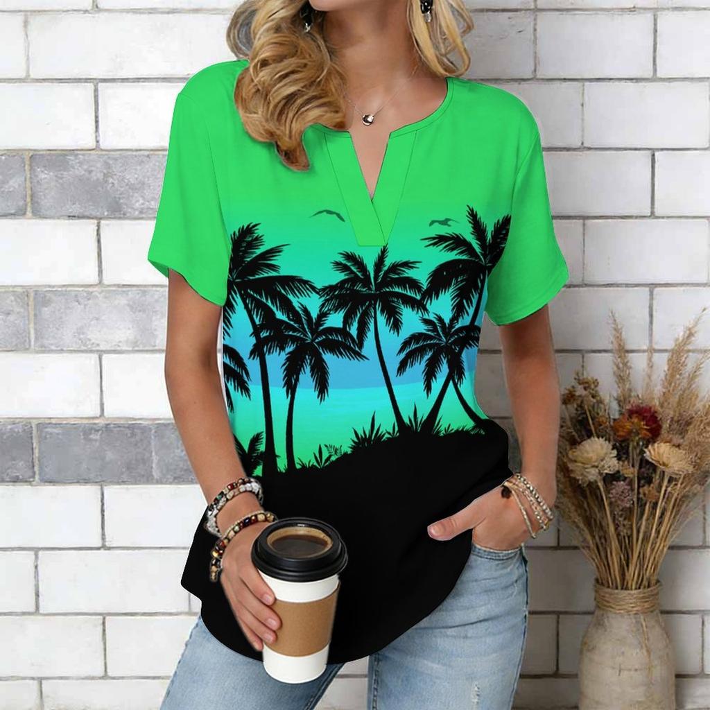 Women Blue Ocean Coconut Palm Beach Print Short Sleeve V Neck Blouse