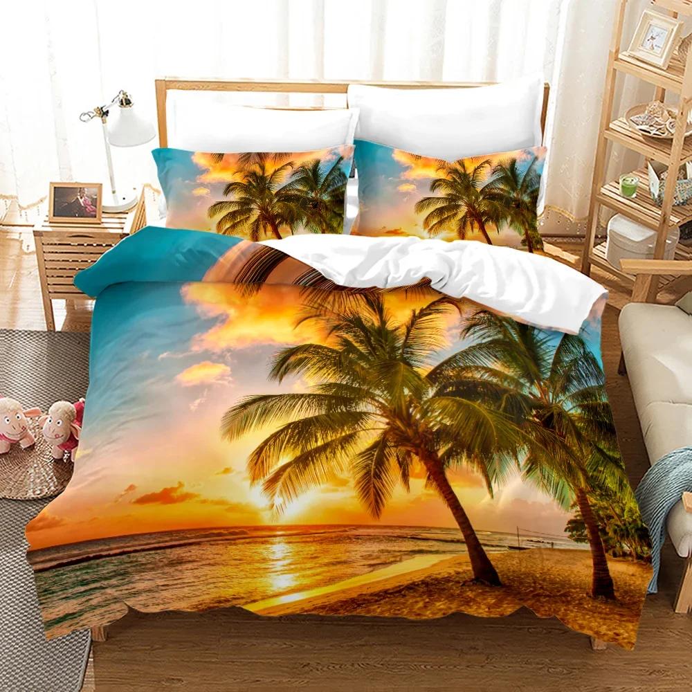 Strand Sonnenuntergang Bettbezug Set Tropische Insel Mit Der Palme Und Meer Strand Natur Thema Queen Size Bettdeckenbezug