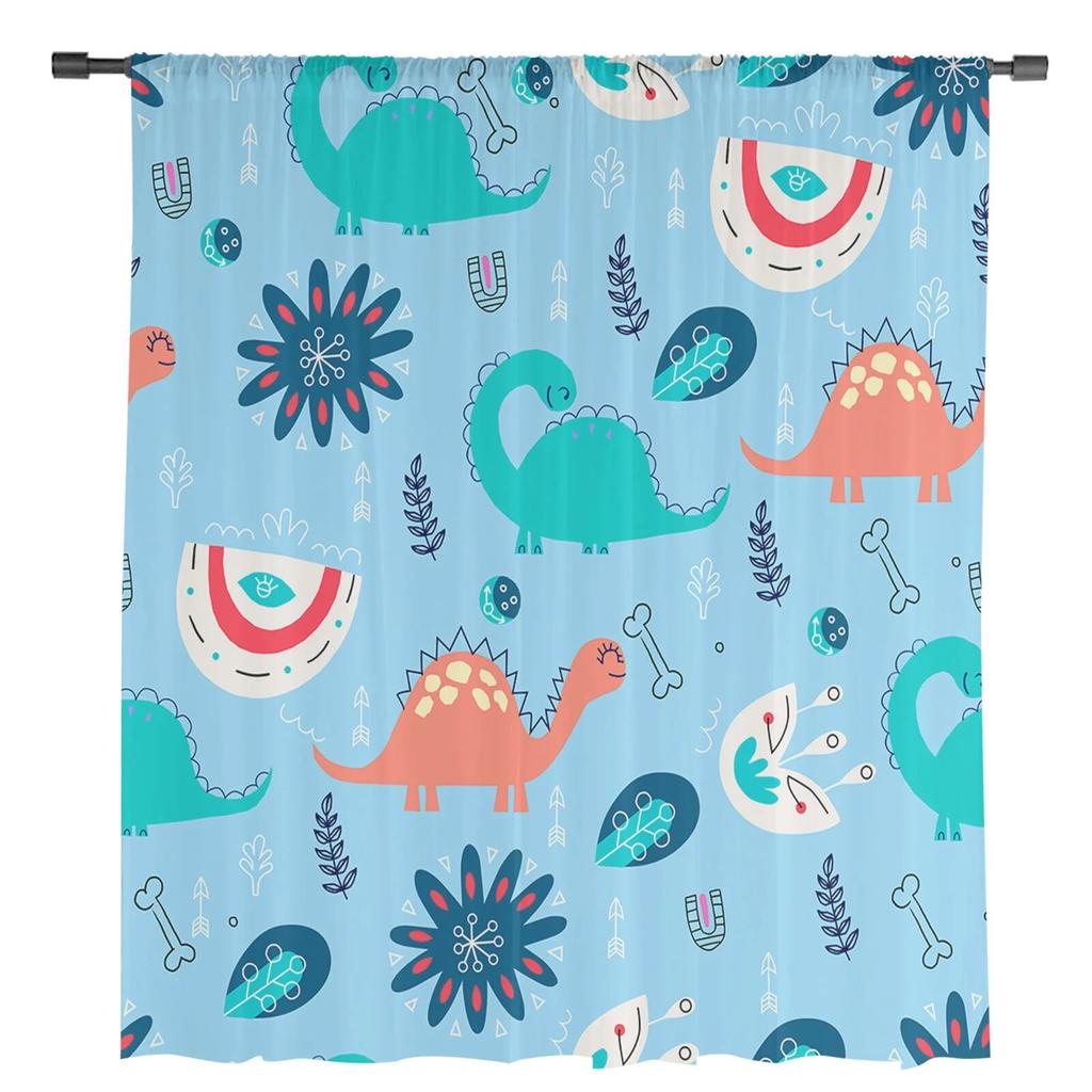 Dinosaur Flowers Leaves Lines Sheer Curtains For Living Room Bedroom Kids Room Tulle Window Treatment Drapes