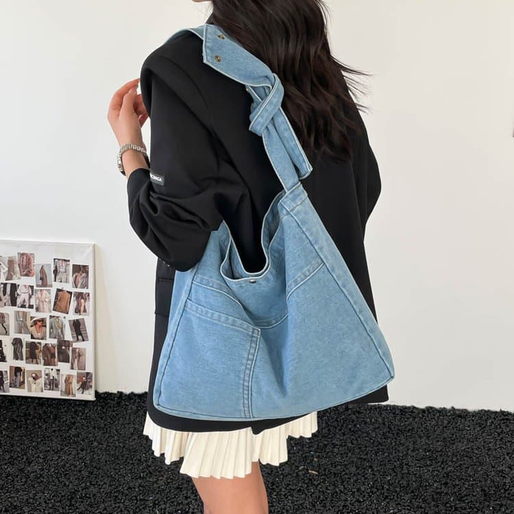 Denim Bow Strap Tote Bag Women