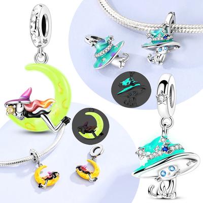 Glowing Witch Moon Magic Hat Cat Beads Charms Original Copper For Bracelet Lady'S Gift Jewelry Bag Charm Pendant Diy