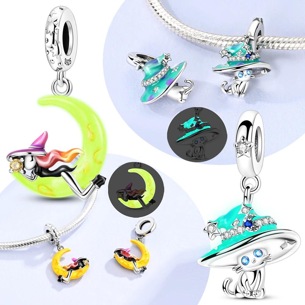 Glowing Witch Moon Magic Hat Cat Bead Charms Charm Bead Charms Authentic Copper for Bracelets Ladys Gift Jewellery Bag Charm Pendant Diy