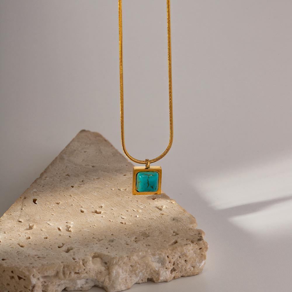 Geometric Style 18k Gold Stainless Steel Necklace With Blue Peacock Stone Trendy And Stylish