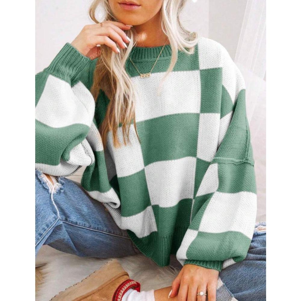 Women's Crew Neck Long Sleeve Knit Top Loose Fit Lazy Casual Sweater Color Block Plaid Pullover Knitwear