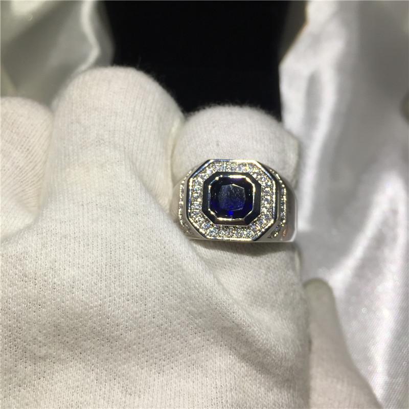 Statement Male Ring Silver Color 7mm Blue AAAAA Zircon Cz Engagement Wedding Band Rings for Men Finger Party Jewelry