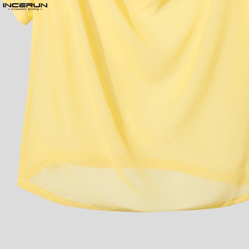 INCERUN Summer Men Swing Collar Short Sleeve Mesh See Through Hollow T-shirts Tops