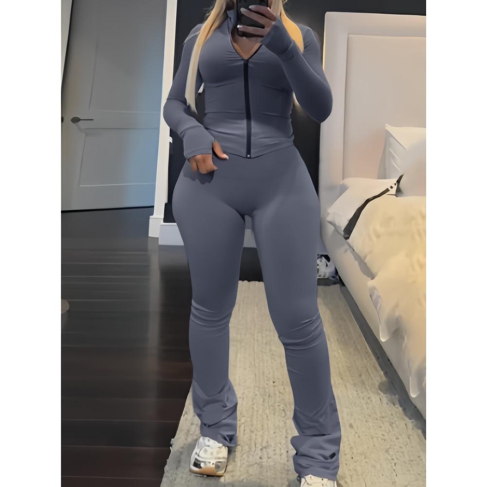 Women's Slim Fit Tracksuit Long Sleeve Zip Front Cardigan High Waist Flared Leg Pants Matching Two Piece Outfit